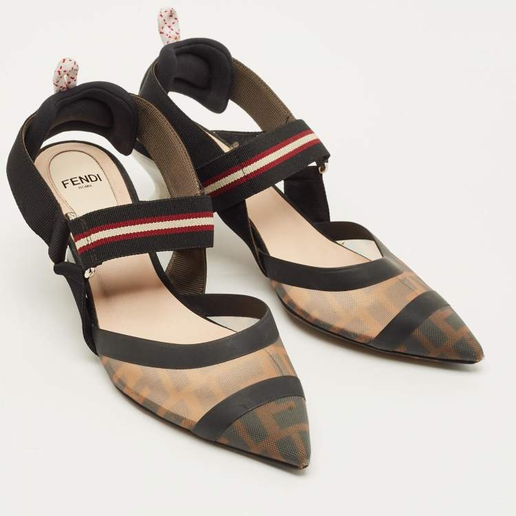 Pre Owned Fendi Colibri Size 36 Brown/Black Zucca Canvas and Mesh Slingback Pumps