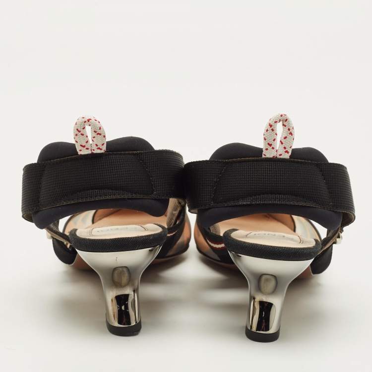 Pre Owned Fendi Colibri Size 36 Brown/Black Zucca Canvas and Mesh Slingback Pumps