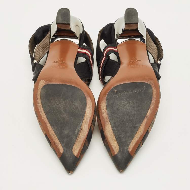 Pre Owned Fendi Colibri Size 36 Brown/Black Zucca Canvas and Mesh Slingback Pumps