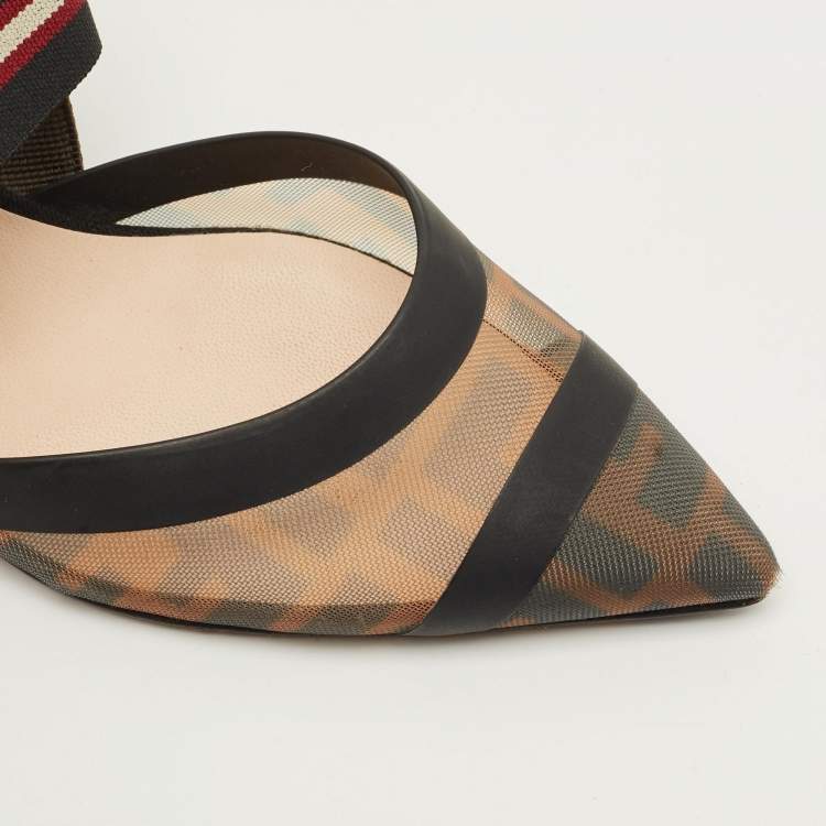 Pre Owned Fendi Colibri Size 36 Brown/Black Zucca Canvas and Mesh Slingback Pumps