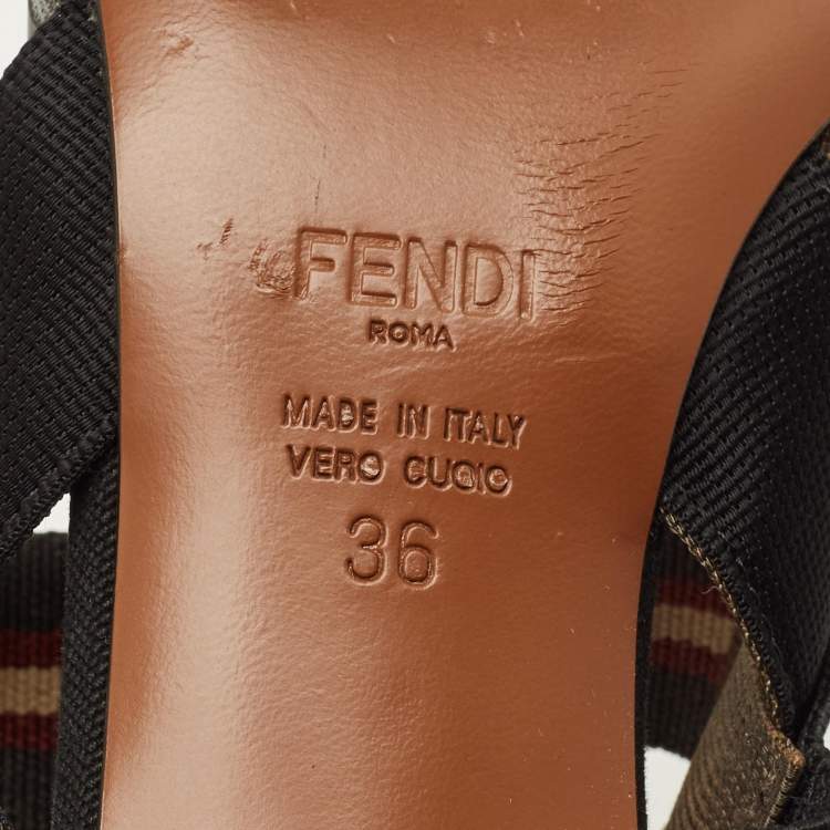 Pre Owned Fendi Colibri Size 36 Brown/Black Zucca Canvas and Mesh Slingback Pumps