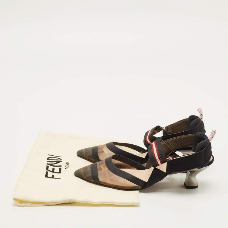 Pre Owned Fendi Colibri Size 36 Brown/Black Zucca Canvas and Mesh Slingback Pumps
