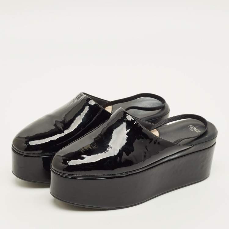 Pre Owned Fendi Size 39 Black Patent Leather Platform Slingback Mules 
