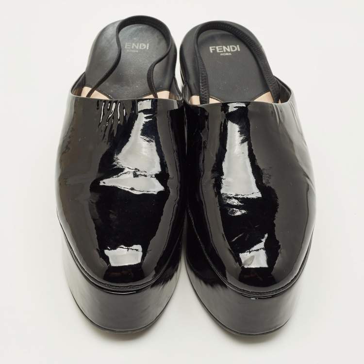 Pre Owned Fendi Size 39 Black Patent Leather Platform Slingback Mules 