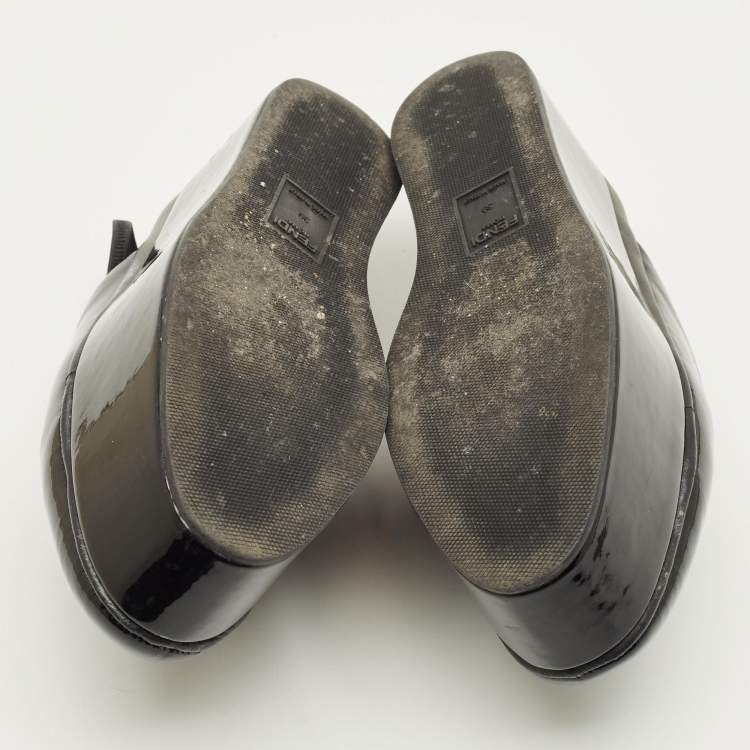 Pre Owned Fendi Size 39 Black Patent Leather Platform Slingback Mules 