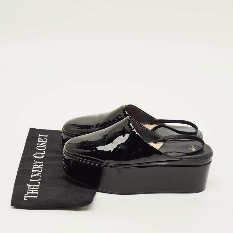 Pre Owned Fendi Size 39 Black Patent Leather Platform Slingback Mules 
