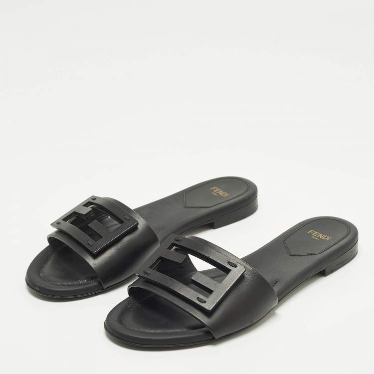 Pre Owned Fendi Baguette Size 37 Black Leather Flat Slide