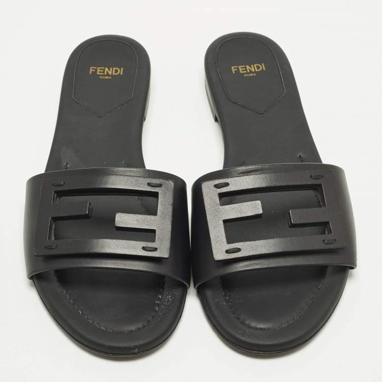 Pre Owned Fendi Baguette Size 37 Black Leather Flat Slide
