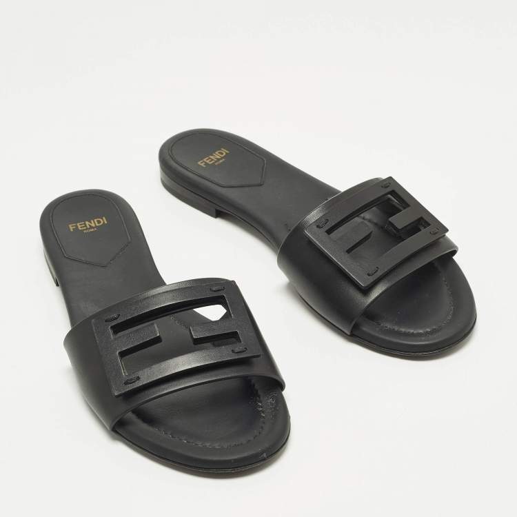 Pre Owned Fendi Baguette Size 37 Black Leather Flat Slide