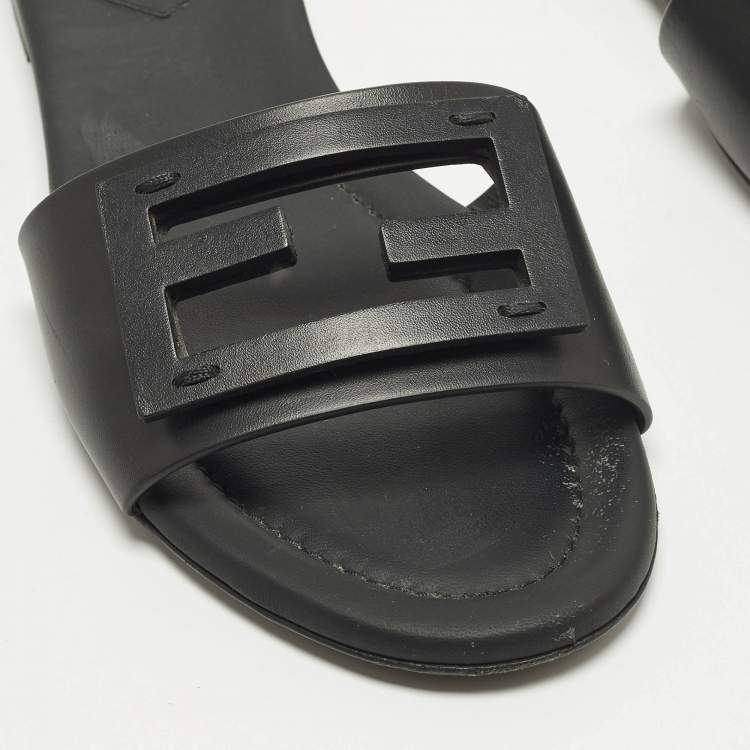 Pre Owned Fendi Baguette Size 37 Black Leather Flat Slide