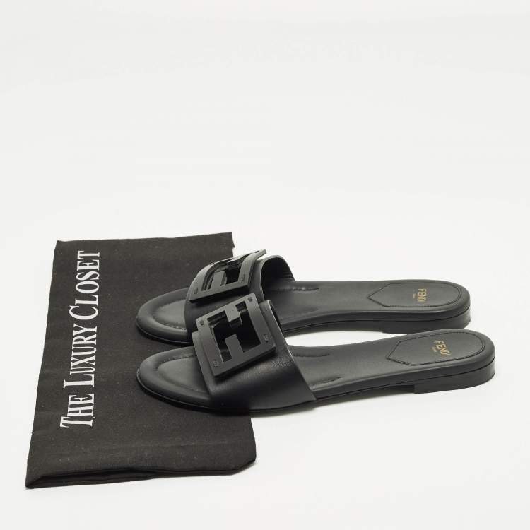 Pre Owned Fendi Baguette Size 37 Black Leather Flat Slide