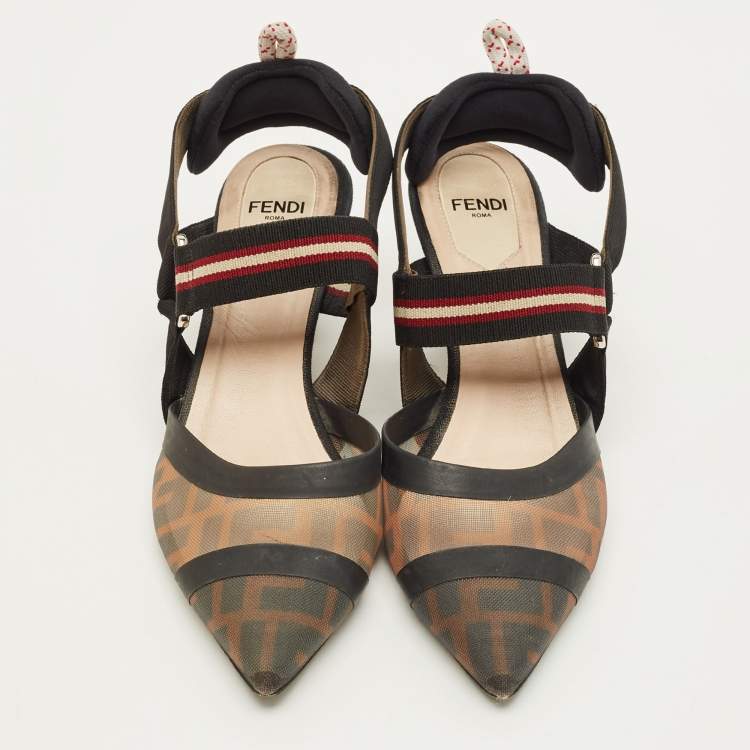 Pre Owned Fendi Colibri Size 37 Brown/Black Zucca Mesh and Canvas Slingback Pumps