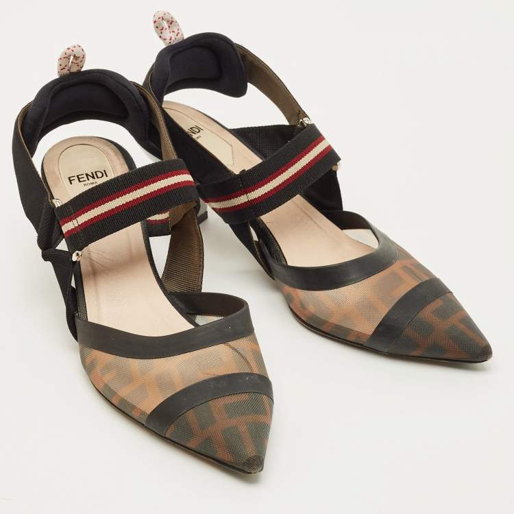 Pre Owned Fendi Colibri Size 37 Brown/Black Zucca Mesh and Canvas Slingback Pumps
