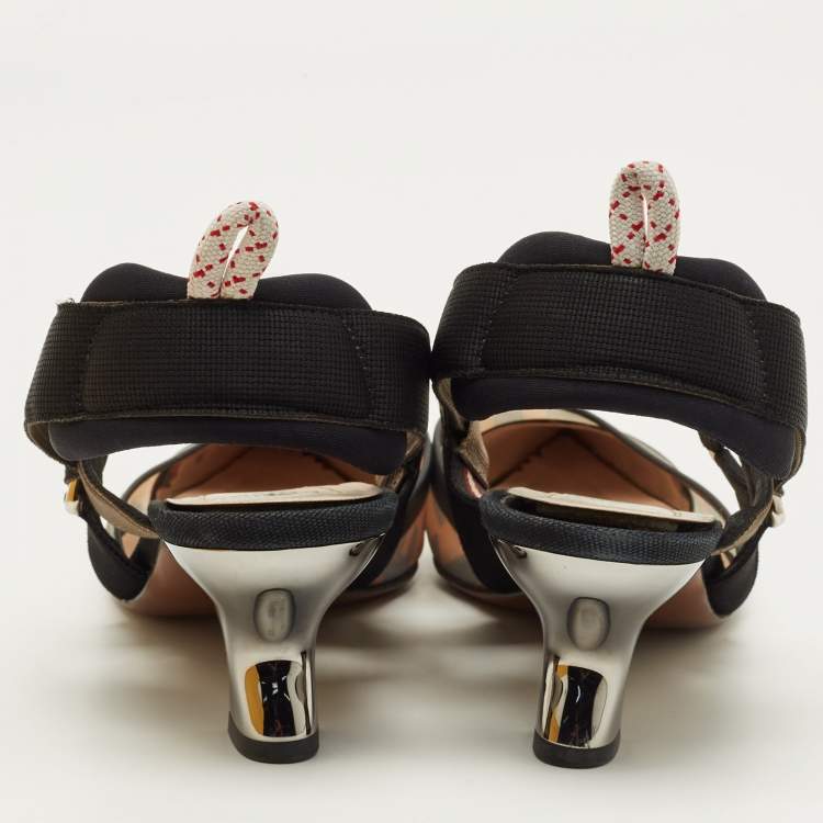 Pre Owned Fendi Colibri Size 37 Brown/Black Zucca Mesh and Canvas Slingback Pumps