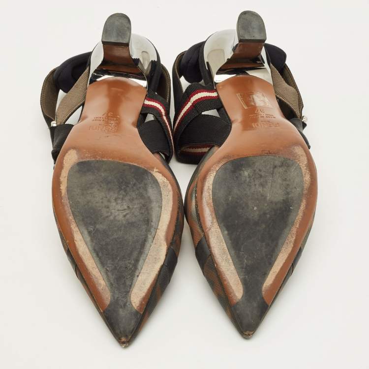 Pre Owned Fendi Colibri Size 37 Brown/Black Zucca Mesh and Canvas Slingback Pumps