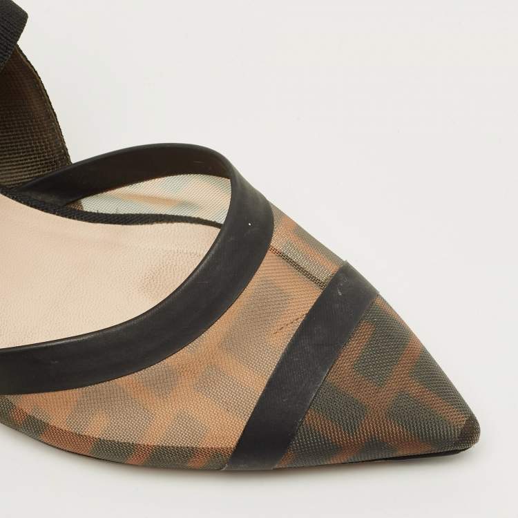 Pre Owned Fendi Colibri Size 37 Brown/Black Zucca Mesh and Canvas Slingback Pumps