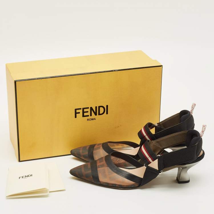 Pre Owned Fendi Colibri Size 37 Brown/Black Zucca Mesh and Canvas Slingback Pumps