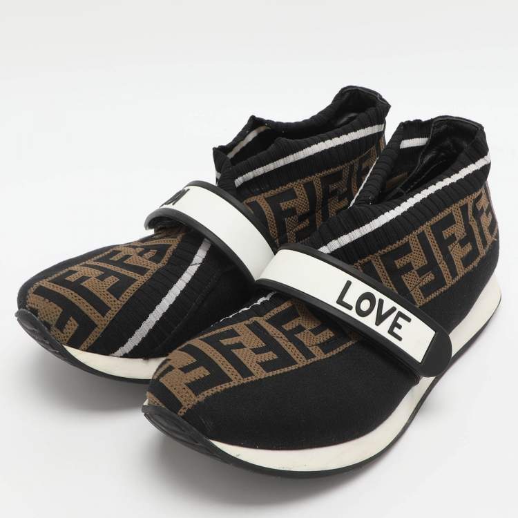 Pre Owned Fendi Rockoko Size 37 Brown Zucca Knit Fabric Low Top Sneakers