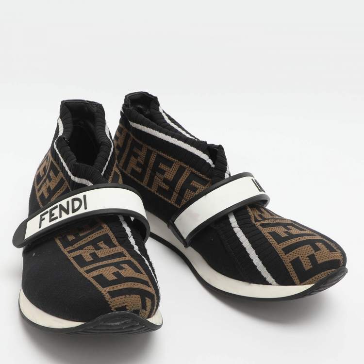 Pre Owned Fendi Rockoko Size 37 Brown Zucca Knit Fabric Low Top Sneakers