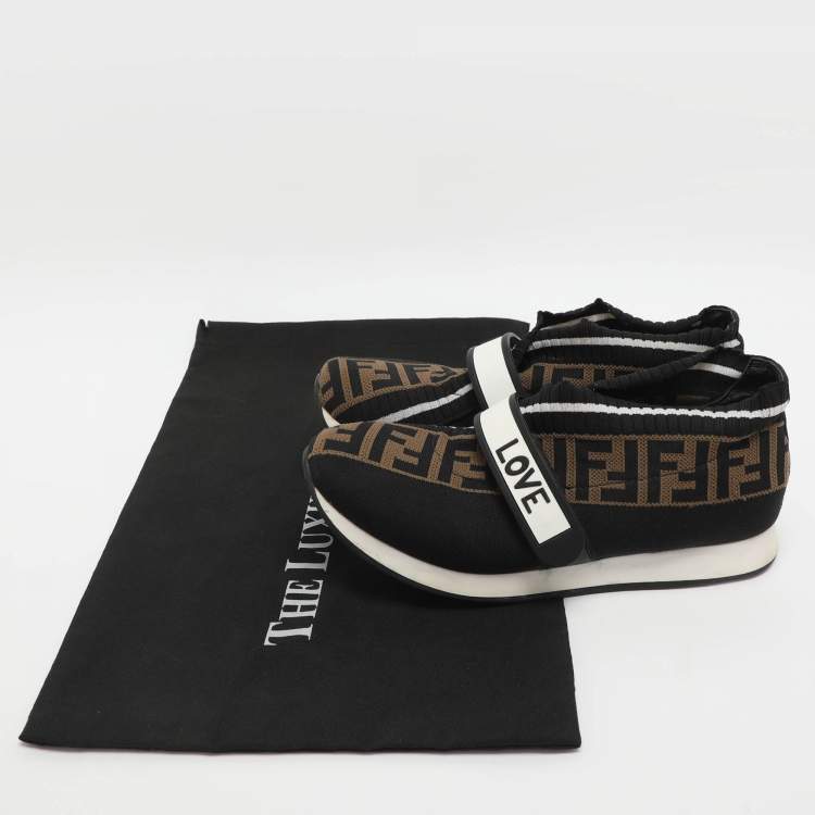 Pre Owned Fendi Rockoko Size 37 Brown Zucca Knit Fabric Low Top Sneakers