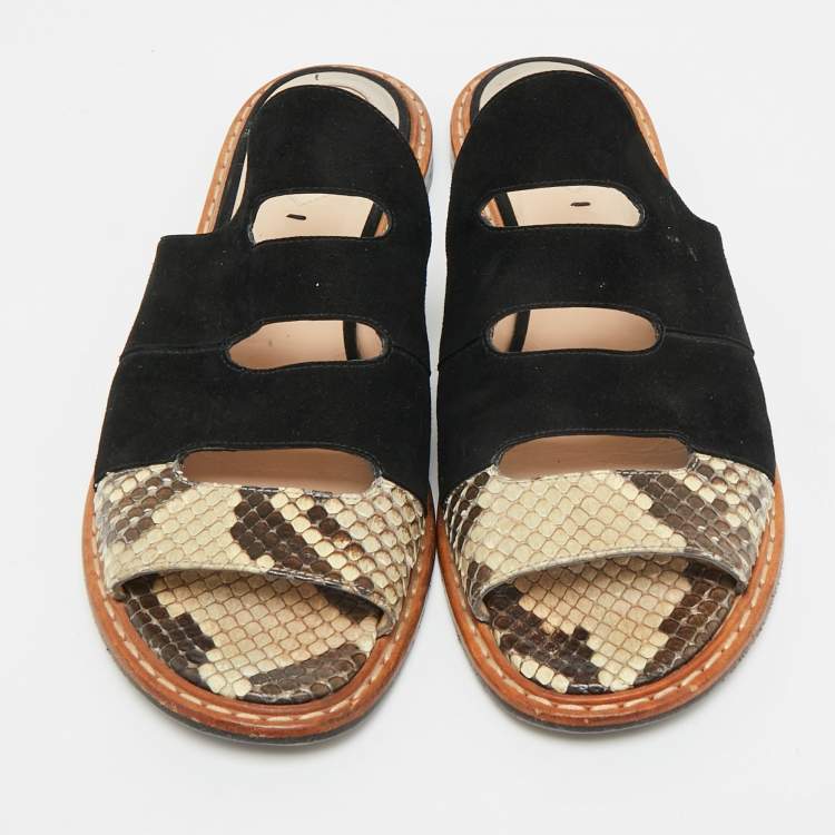 Pre Owned Fendi Size 38.5 Black/Brown Suede and Python Cut Out Flat Slides
