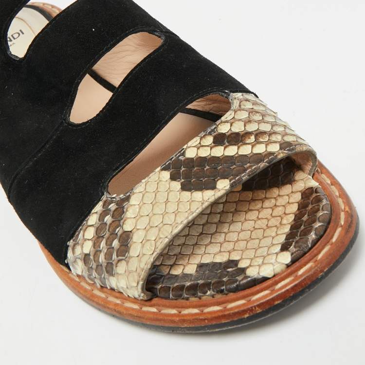 Pre Owned Fendi Size 38.5 Black/Brown Suede and Python Cut Out Flat Slides