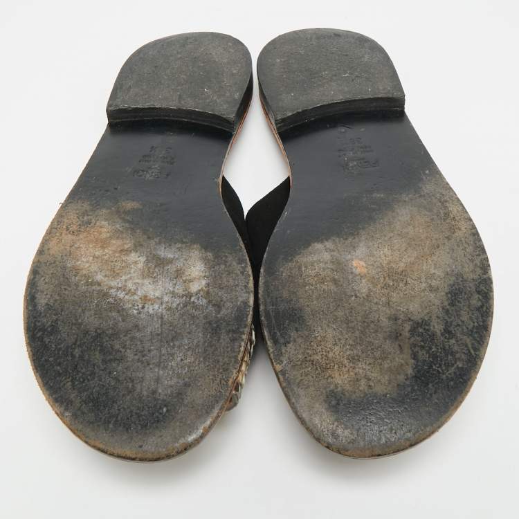 Pre Owned Fendi Size 38.5 Black/Brown Suede and Python Cut Out Flat Slides