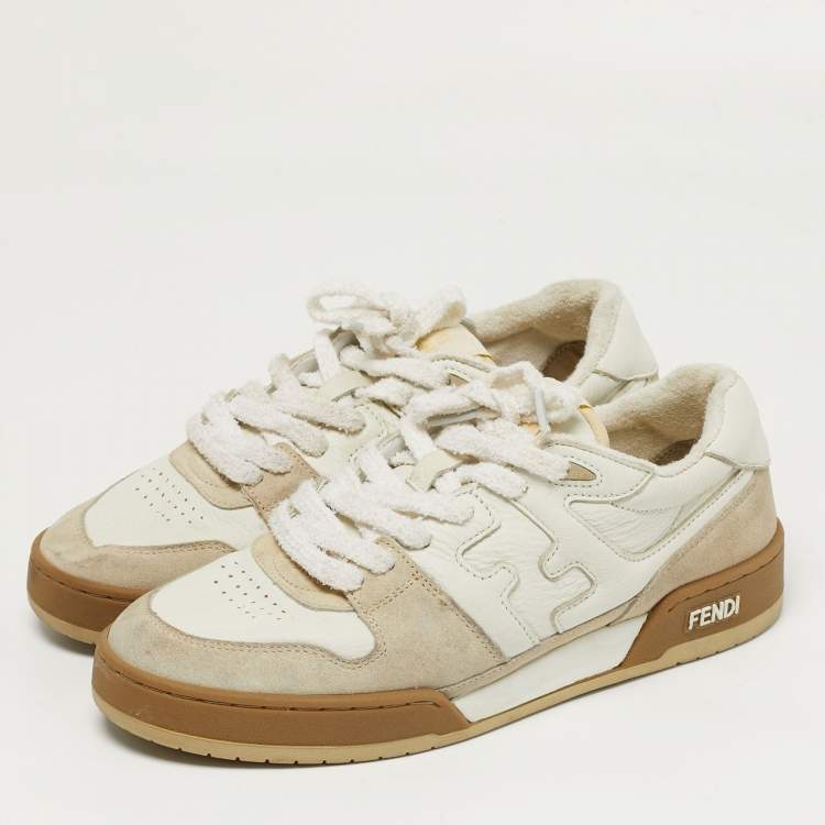 Pre Owned Fendi Match Size 43 White/Cream Leather and Suede Low Top Sneakers