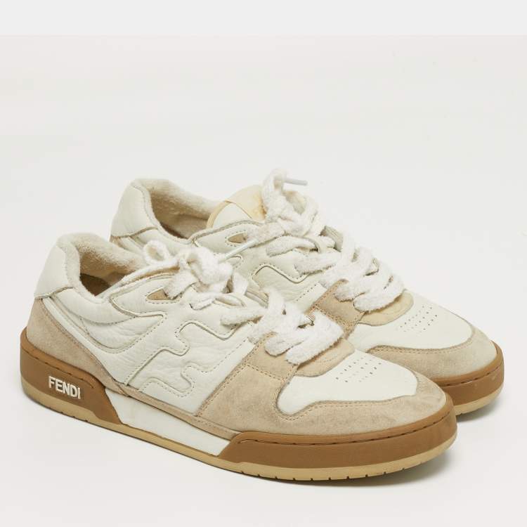 Pre Owned Fendi Match Size 43 White/Cream Leather and Suede Low Top Sneakers