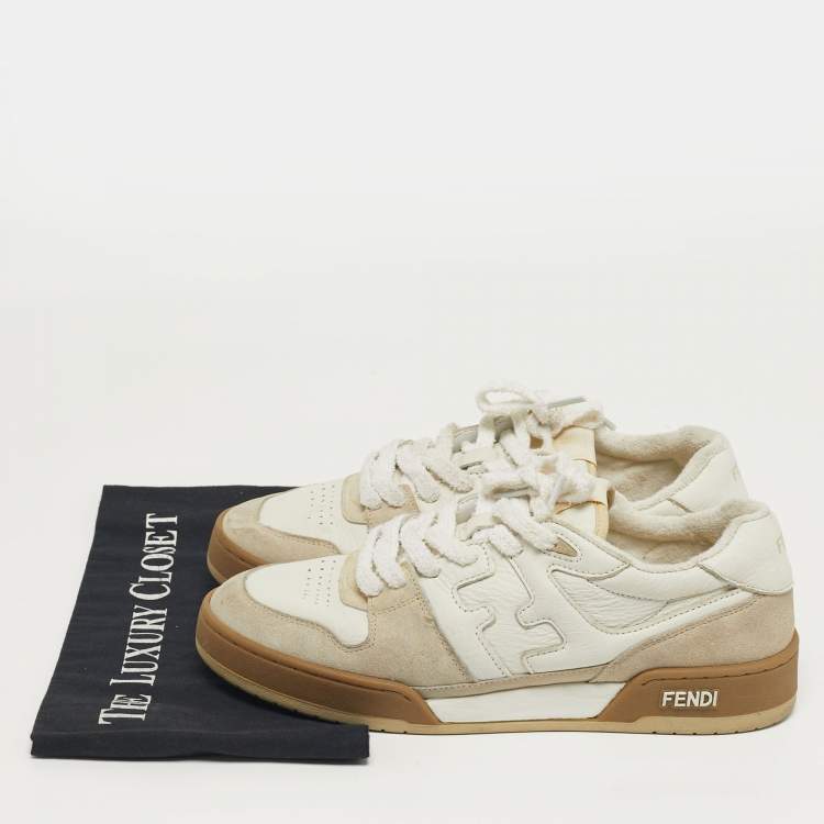 Pre Owned Fendi Match Size 43 White/Cream Leather and Suede Low Top Sneakers