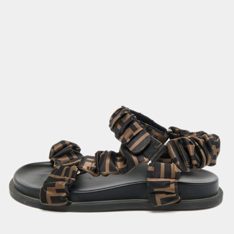 Pre Owned Fendi Feel Size 36 Black/Brown Zucca Satin Ankle Strap Flat Sandals