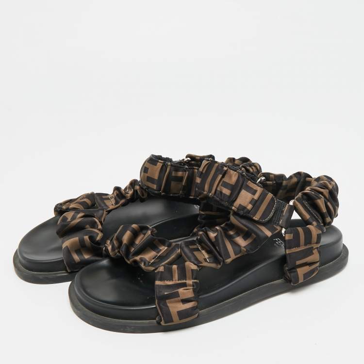 Pre Owned Fendi Feel Size 36 Black/Brown Zucca Satin Ankle Strap Flat Sandals