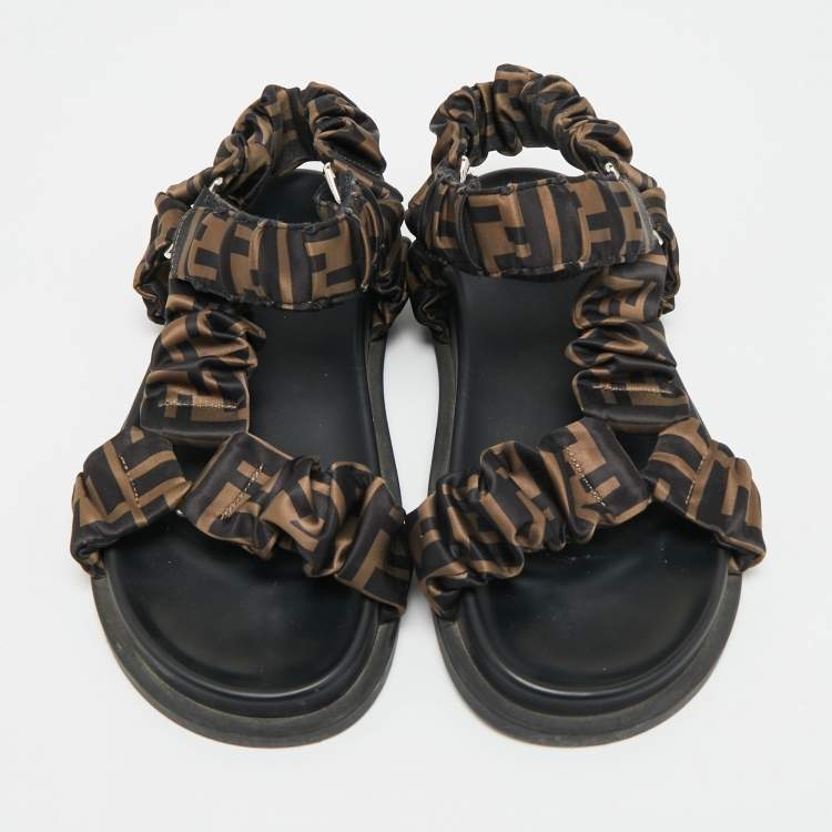 Pre Owned Fendi Feel Size 36 Black/Brown Zucca Satin Ankle Strap Flat Sandals