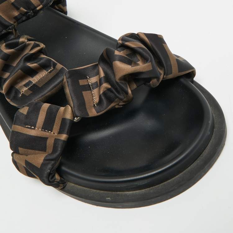 Pre Owned Fendi Feel Size 36 Black/Brown Zucca Satin Ankle Strap Flat Sandals