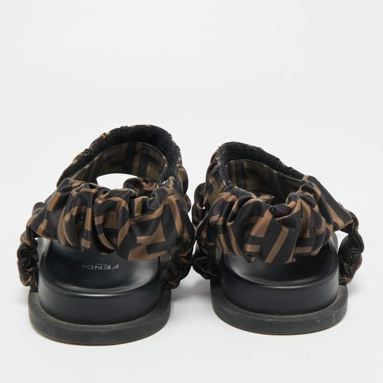 Pre Owned Fendi Feel Size 36 Black/Brown Zucca Satin Ankle Strap Flat Sandals