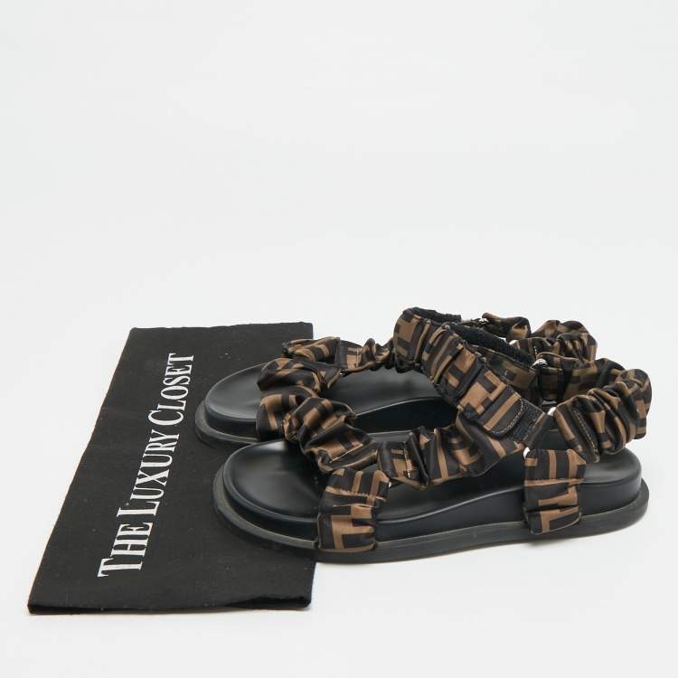Pre Owned Fendi Feel Size 36 Black/Brown Zucca Satin Ankle Strap Flat Sandals