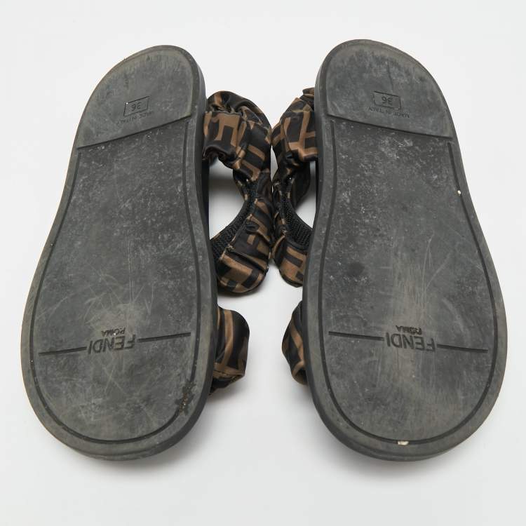 Pre Owned Fendi Feel Size 36 Black/Brown Zucca Satin Ankle Strap Flat Sandals