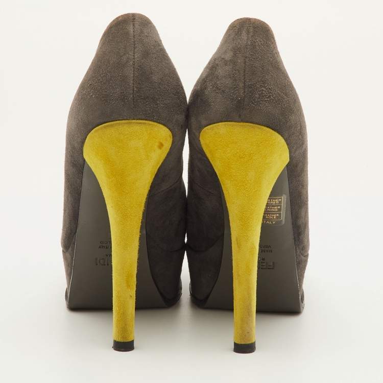 Pre Owned Fendi Fendista Size 38 Grey/Green Suede Platform Pumps
