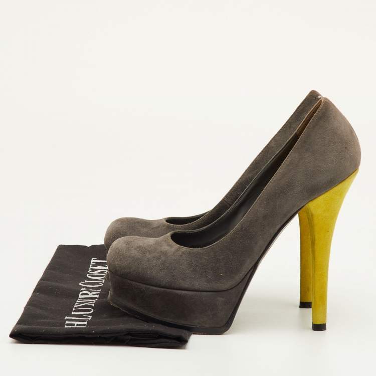 Pre Owned Fendi Fendista Size 38 Grey/Green Suede Platform Pumps