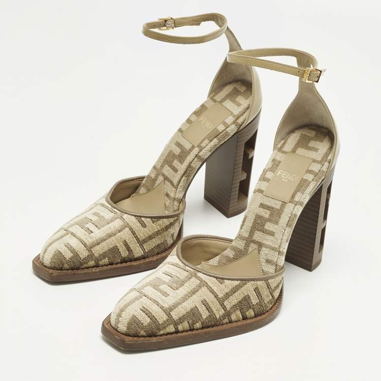 Pre Owned Fendi Zucca Size 36 Grey Leather and Velvet Mary Jane Pumps