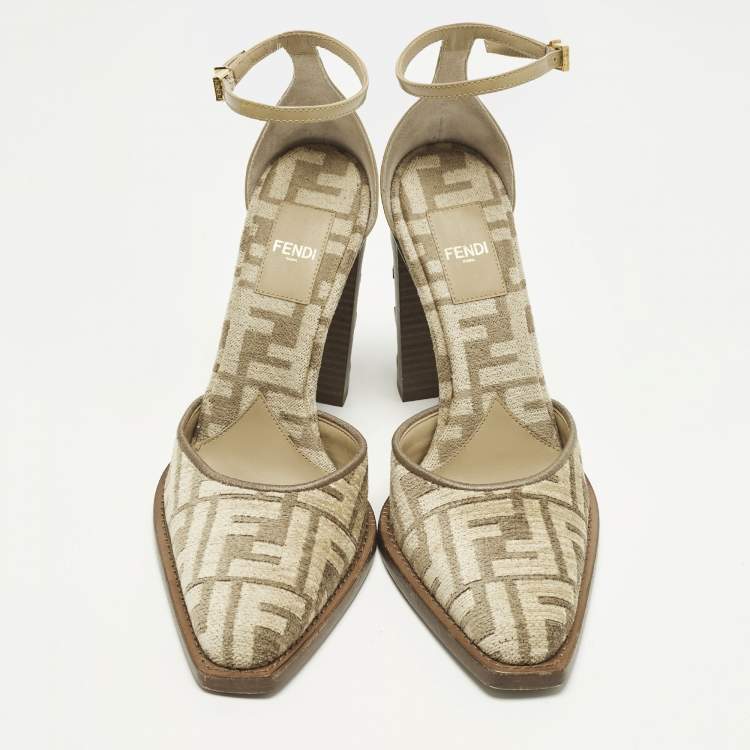 Pre Owned Fendi Zucca Size 36 Grey Leather and Velvet Mary Jane Pumps