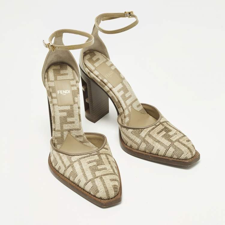 Pre Owned Fendi Zucca Size 36 Grey Leather and Velvet Mary Jane Pumps