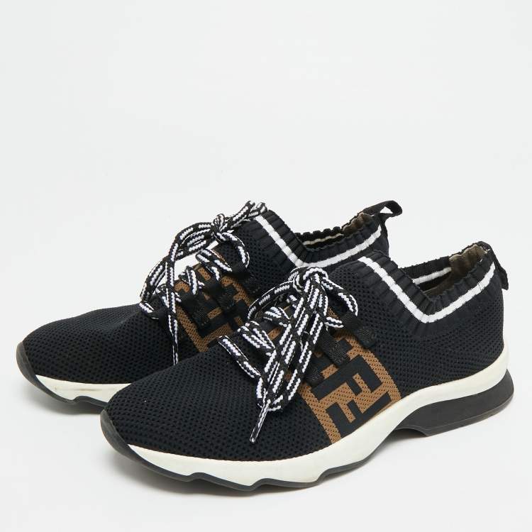 Pre Owned Fendi Rockoko Size 37.5 Black/Brown Knit Fabric Low Top Sneakers
