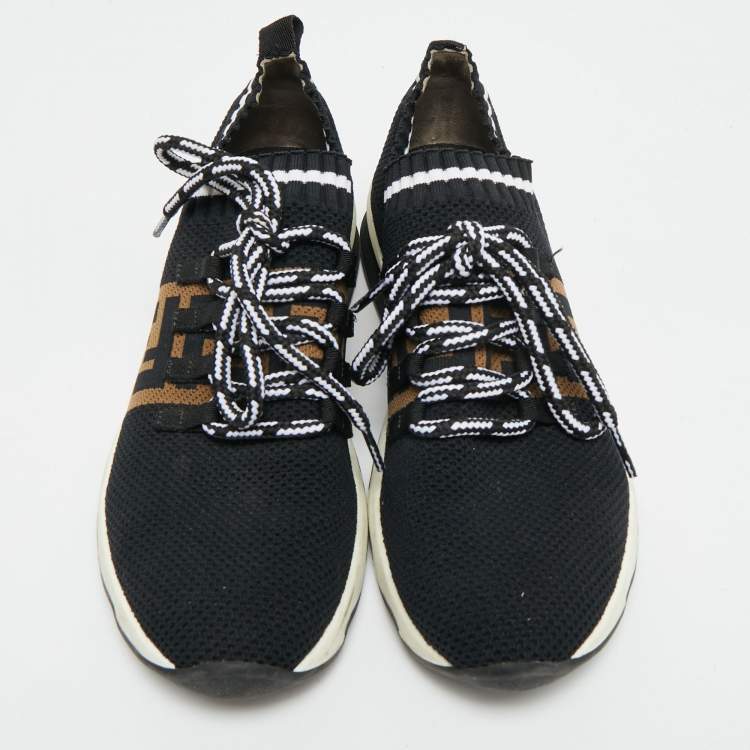 Pre Owned Fendi Rockoko Size 37.5 Black/Brown Knit Fabric Low Top Sneakers