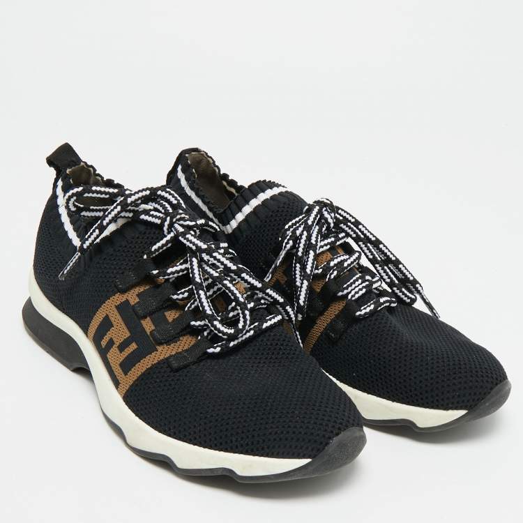 Pre Owned Fendi Rockoko Size 37.5 Black/Brown Knit Fabric Low Top Sneakers