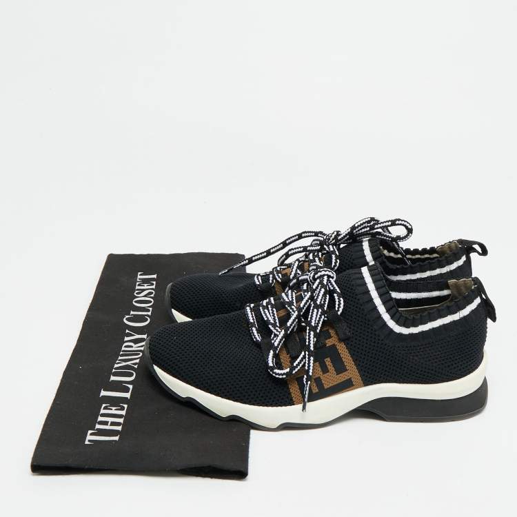 Pre Owned Fendi Rockoko Size 37.5 Black/Brown Knit Fabric Low Top Sneakers