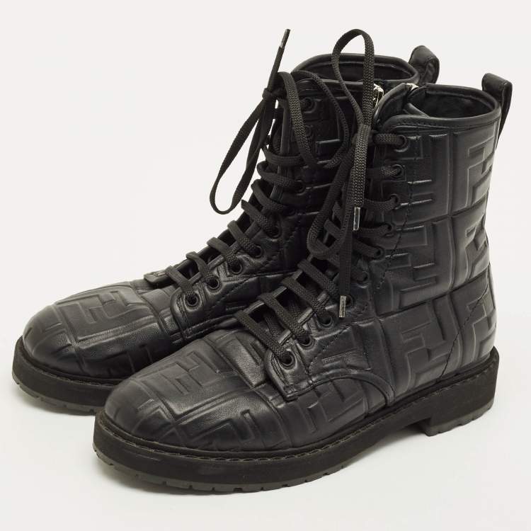 Pre Owned Fendi Zucca Size 38 Black FF Embossed Leather Ankle Combat Boots