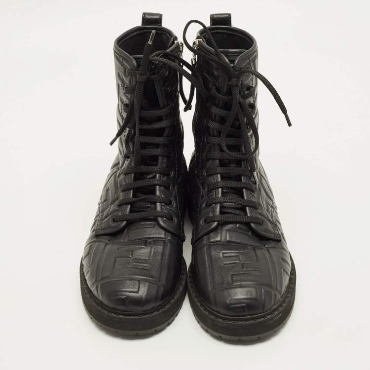 Pre Owned Fendi Zucca Size 38 Black FF Embossed Leather Ankle Combat Boots