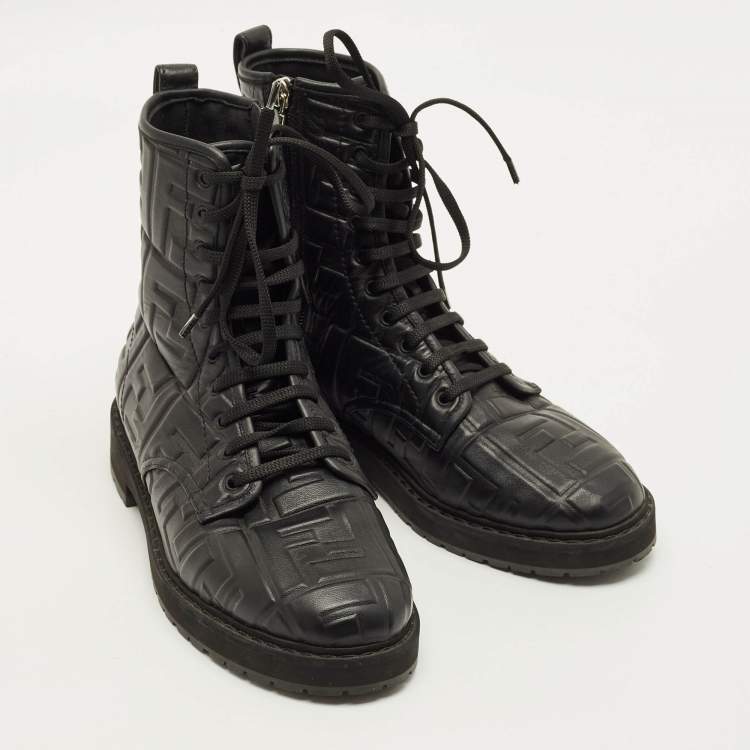 Pre Owned Fendi Zucca Size 38 Black FF Embossed Leather Ankle Combat Boots