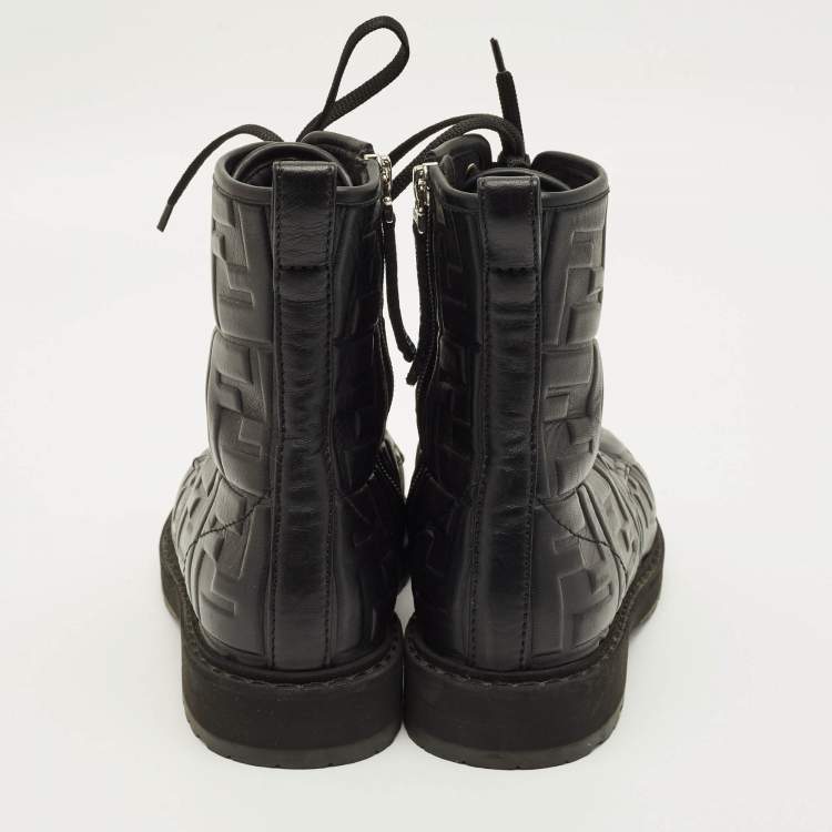 Pre Owned Fendi Zucca Size 38 Black FF Embossed Leather Ankle Combat Boots